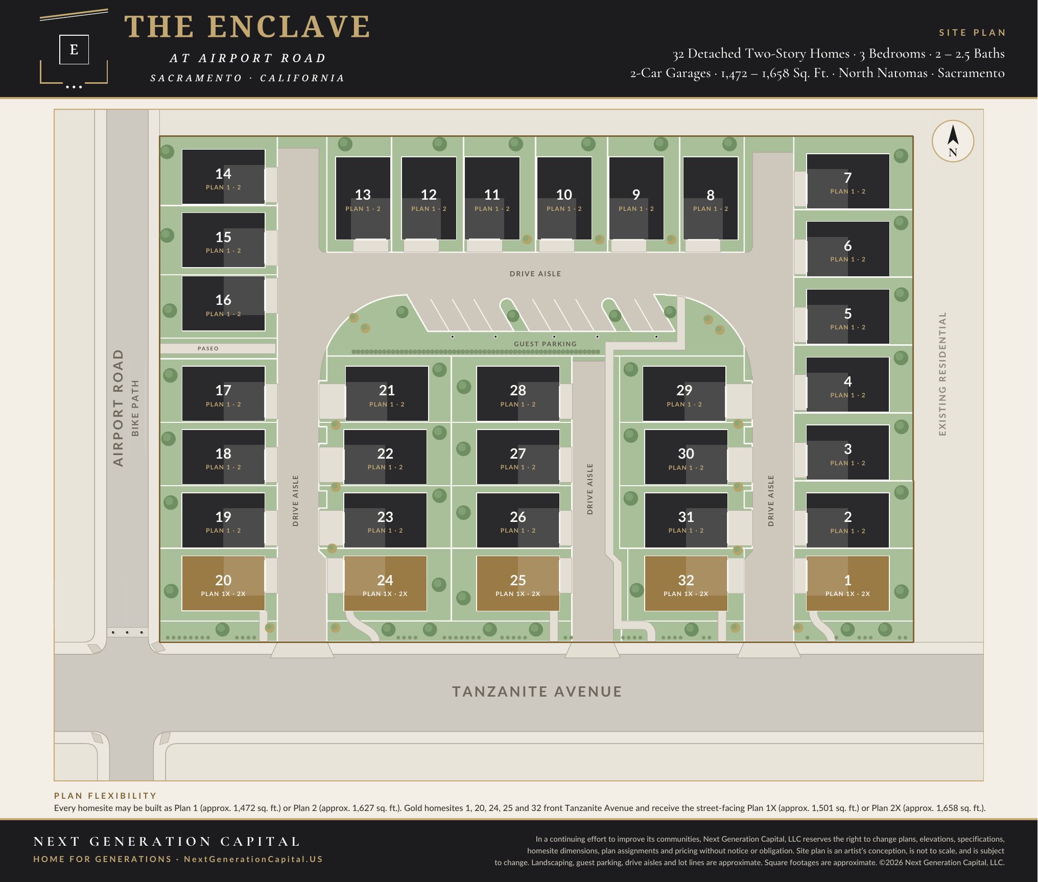 The Enclave at Airport Road preliminary marketing site plan — 32 homesites between Airport Road and Tanzanite Avenue