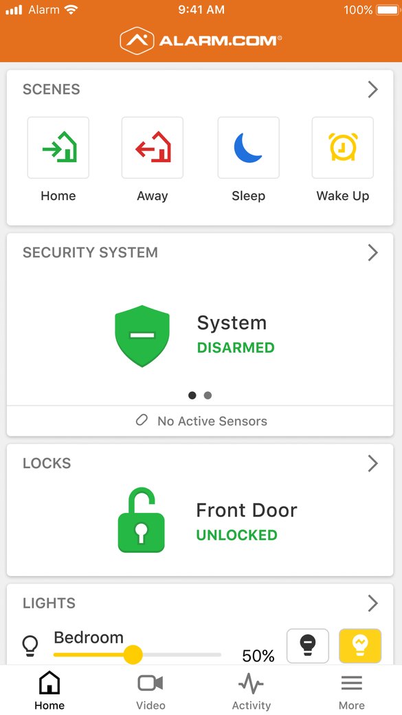 Alarm.com app home screen showing scenes, security system status, front door lock, and lights