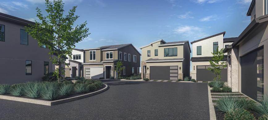 Beautiful landscaping and community street view at Enclave at Airport Rd